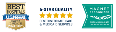 panel of badges for US News and World Report, Nurse Magnet status, and Centers for Medicare and Medicaid Services 5-star quality