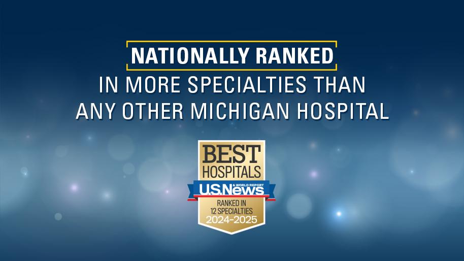 National ranked in more specialties than any other hopsital in Michigan. 2024-2025 USNWR ranked in 12 specialties best hospital badge 
