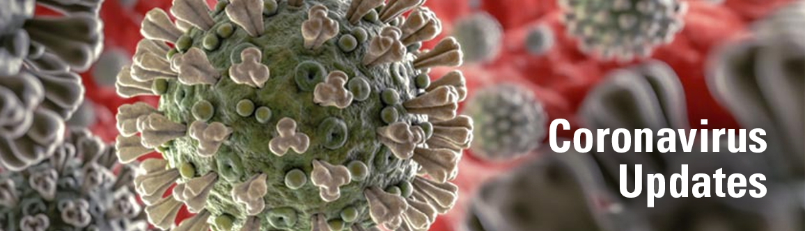 Closeup of coronavirus with red background and "Coronavirus Updates" text